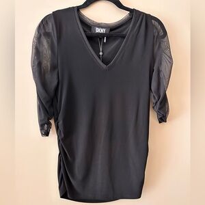 DKNY Black V-Neck Top Sheer Mesh Sleeves Size M NWT
